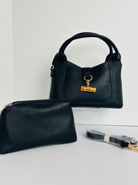 BC Bags Women's Handbag PU Pebbled Black Matching Pouch Adjustable Strap NWT